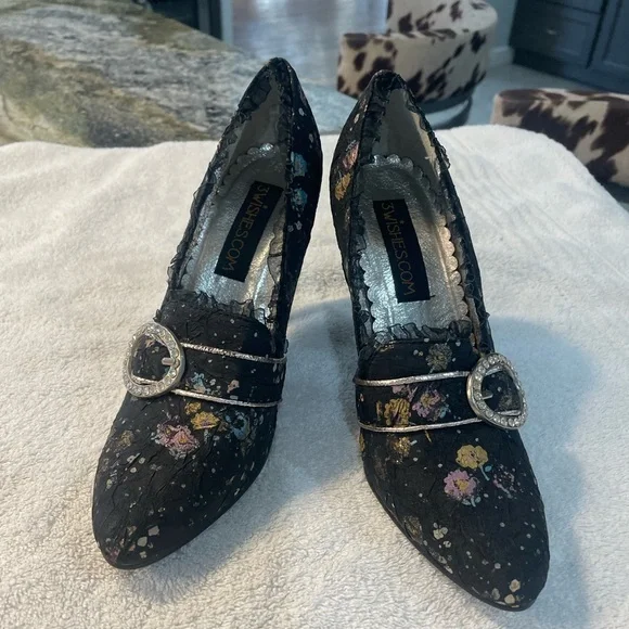 3 Wishes black floral Victorian Heels - Size 7 - Picture 3 of 6
